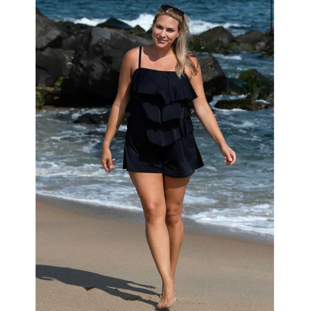 Fit 4 Ur Hips Solid Black 3 Ruffle Tier High Neck Romper One Piece‎ Swimsuit